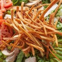 Southwest Chopped Salad Platter · Romaine, spinach, turkey, mushrooms, red onion, chopped bacon and black beans. Served with c...