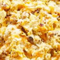 The Supreme Scrambler Platter · Scrambled eggs filled with sausage, bacon, onions and mushrooms, topped with Cheddar Jack ch...