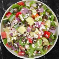 The Greek Salad Mistery · romaine, feta cheese, pesto, olives, onion, cucumber, tomato, lemon juice, salt, pepper, and...