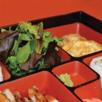 Bento 1 With Your Choice Of Meat · 4 pcs cal. roll, 2 pcs gyoza, salad, rice +