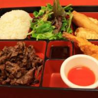 Bento 2 With Meat · 2 pieces prawn , 2 pieces gyoza, 1 piece spring roll, salad and rice