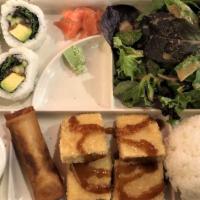 Bento 4 Vegetarian Bento · Vegetarian.  4 pcs veggie roll,  tofu teriyaki, 1 pc spring roll,  rice & salad,  miso soup