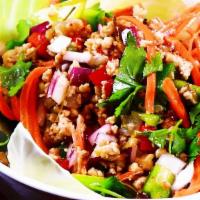 Larb Chicken Salad · Gluten free. A ground chicken salad, doused with a fragrant herb and lime dressing. Gluten f...