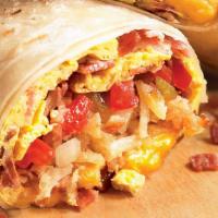 Az Bacon Breakfast Burrito · Crispy bacon, eggs, deep-fried potatoes, Monterey Jack, and mozzarella cheese.