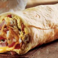 Az Giant Breakfast Burrito · Ham, bacon, chorizo, eggs, deep-fried potatoes, Monterey Jack, and mozzarella cheese.