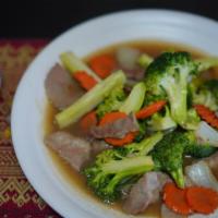Beef With Broccoli · Beef, broccoli, and carrots stir-fried in oyster sauce.