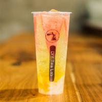 Kazuki'S Peach Ramune · sparkling water, peach syrup, watermelon slices, crystal boba or lychee jelly recommended.