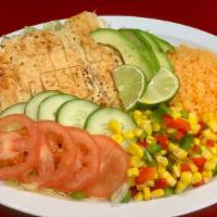 Grilled Chicken Plate Combo · Grilled chicken breast, side of rice, and salad.