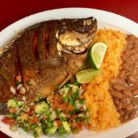 Mojarra Combo · Side of rice, beans, avocado salad, and 3 home made tortillas.