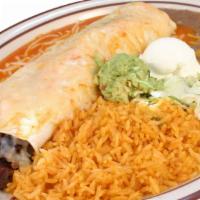 #8 Burrito Plate · Wet burrito with red sauce comes with beans, cheese, onions, cilantro, salsa, choice of meat...