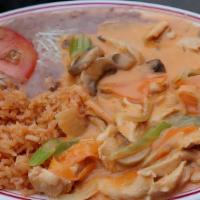 #12 Pollo A La Crema · Chicken Only. Comes with celery, carrots, bell pepper, onions and mushrooms with a side of r...