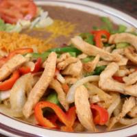 #14 Chicken Carnitas · Chicken Only. Comes with onions and bell pepper and a side of rice, beans and salad