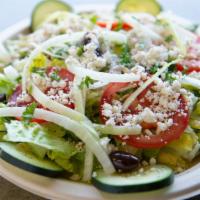 Greek Salad (Vg, Gf) · Traditional Greek salad made of lettuce, tomatoes, onions, pitted Greek olives, topped with ...