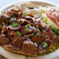 Beef & Lamb Gyro Plate · Classic gyro made of a mixer of beef and lamb slices with grilled onions, hummus, rice, pita...