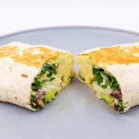 Vegetarian Breakfast Wrap · 2 Eggs, Spinach, Black Bean and Corn Pico, Avocado, Monterey Jack cheese grilled to perfecti...