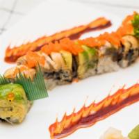 Rainbow Roll · California  roll with tuna, salmon, white fish and avocado on top
