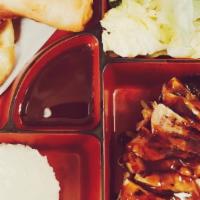 Small Bento · Chicken teriyaki, prawn katsu (2 pieces), gyoza (2 pieces), and spring roll (1 piece). Serve...