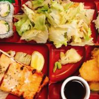 Salmon Bento · Grilled salmon, California roll (4 pieces), prawn, and veggie tempura. Served with steamed r...