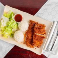 Chicken Katsu · Served with steamed rice and salad.