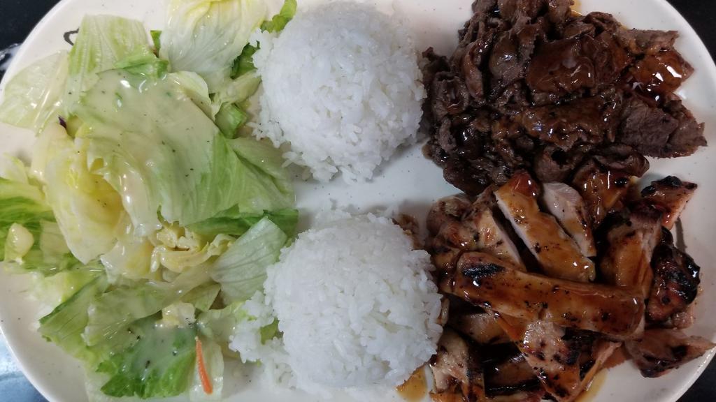 Chicken & Beef Or Pork · Served with steamed rice and salad.