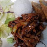 Chicken & Egg Roll (2 Pieces) · Served with steamed rice and salad.