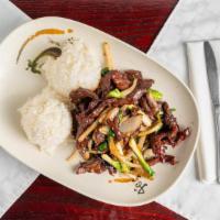 Mongolian Beef · Spicy. Served with steamed rice.