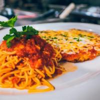 Pollo Parmigiana · Chicken breast baked with parmigiano cheese & marinara sauce (Side of: spaghetti & marinara ...