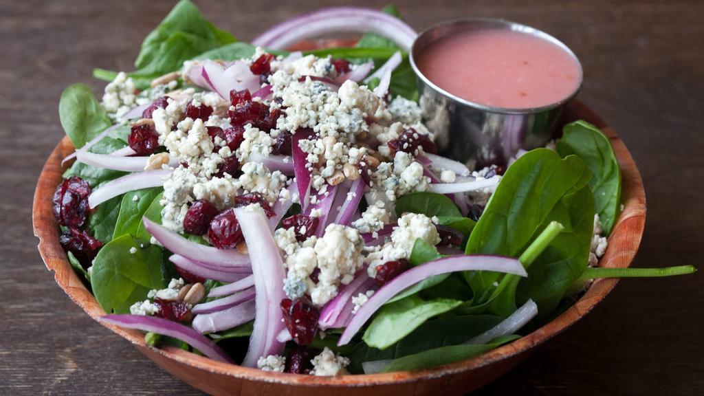 Small Spinach Salad · Spinach, bleu cheese, sunflower seeds, craisins and red onion. Your choice of dressing.