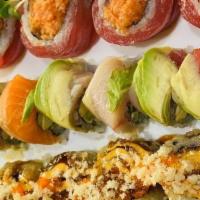 Rainbow Roll · Kani, cucumber and avocado inside, topped with sashimi fish.