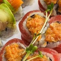 Lover Roll · Spicy mixed fish crunchy inside, topped with tuna.