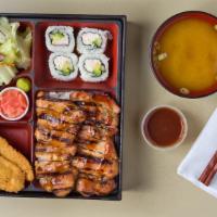Bento Box · Comes with teriyaki chicken and prawn katsu. Bento box include rice, salad, miso soup, and f...