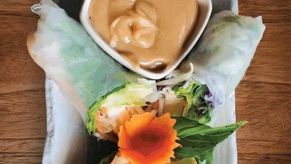 Salad Roll Shrimp · Fresh vegetable rolls with Thai basil wrapped in soft rice. paper. Served with a side of peanut sauce.