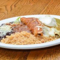 Enchilada Plate · Two corn tortillas stuffed with Jack cheese, with a choice of red, green or both salsas, mel...