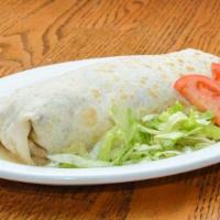 Spinach Burrito · Large flour tortilla filled with black beans, Mexican rice, spinach, tomatoes, onions, sour ...