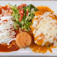 Chile Relleno Con Enchilada #22 · Chile poblano stuffed with cheese, cooked in egg batter, topped with chile relleno sauce, me...