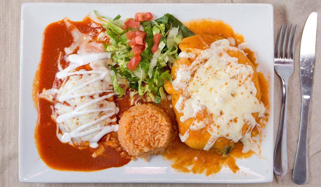 Chile Relleno Con Enchilada #22 · Chile poblano stuffed with cheese, cooked in egg batter, topped with chile relleno sauce, melted cheese, and accompanied with one cheese enchilada, lettuce, rice, and refried beans.