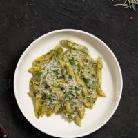 Pumped Up Pesto Pasta  · (Vegetarian) Fresh Cavatappi pasta cooked in a pesto sauce and topped with black pepper, par...