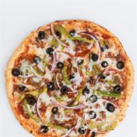 Primo Suprimo · xtra NY pizza sauce, parmesan, mozzarella, pepperoni, sausage, bacon, green bell peppers, re...