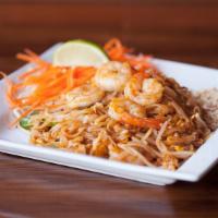 Pad Thai · Traditional Thai rice noodles wok-fried in a light but sweet, red sauce with egg, bean sprou...