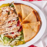 Greek Chicken Salad · Romaine and iceberg lettuce topped with feta cheese, pepperoncinis, kalamata olives, onions,...