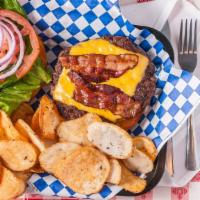 Bacon Cheese Burger · 1/2 pound hand-pattied ground beef topped with bacon, melted American cheese, lettuce, tomat...