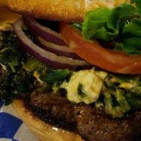 Greek Burger · 1/2 pound hand-pattied ground beef topped with sauteed spinach & feta cheese, greek herbs, l...