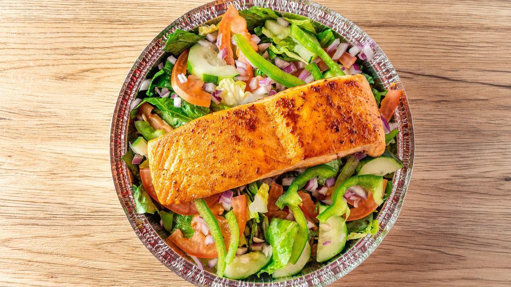 Grilled Salmon · Lettuce, tomatoes, cucumbers, red onions, green pepper, house dressing on the side.