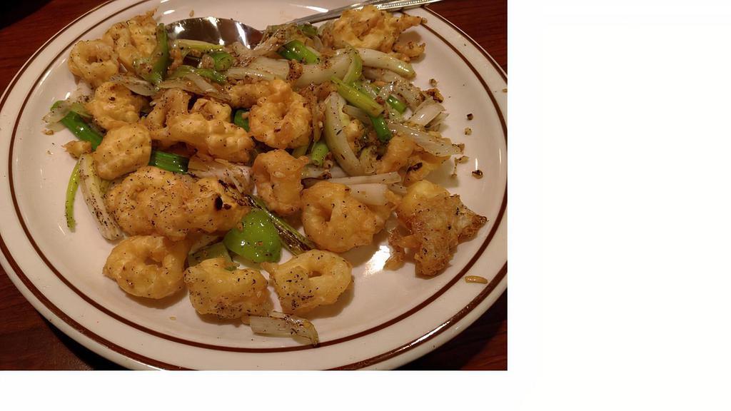 Salt And Pepper Calamari · Tossed with scallions, bell peppers, kosher salt and course black pepper.