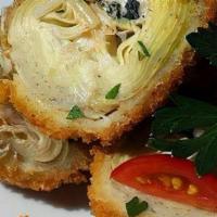 (T) Breaded Stuffed Artichoke Hearts · Four large artichoke hearts, stuffed with artichoke dip, breaded, and flash-fried.  Served w...