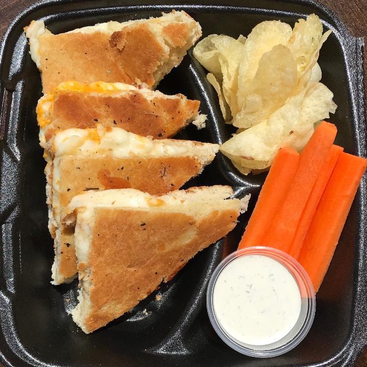 (T) Kid'S Grilled Cheese & Chips · A blend of mozzarella and cheddar, grilled on freshly baked bread. Served with chips.