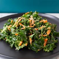 Ginger Sesame · Over basmati rice with chopped kale salad.  (No Chicken) (V)