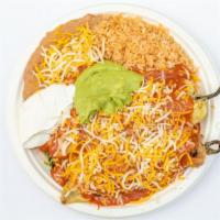 2 Chiles Rellenos · Sautéed green chile fried with cheese, topped with red mild sauce.