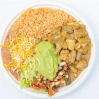 #14 Chile Verde Plate · Diced Pork in salsa verde, with lettuce, guacamole, and pico de gallo,  include your choice ...