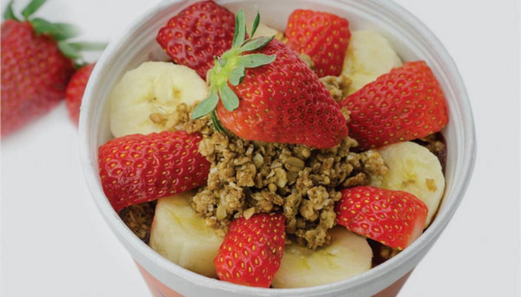 Strawberry Banana Acai Bowl · Acai Puree & Strawberries. Topped with Granola, Banana, & Strawberries.